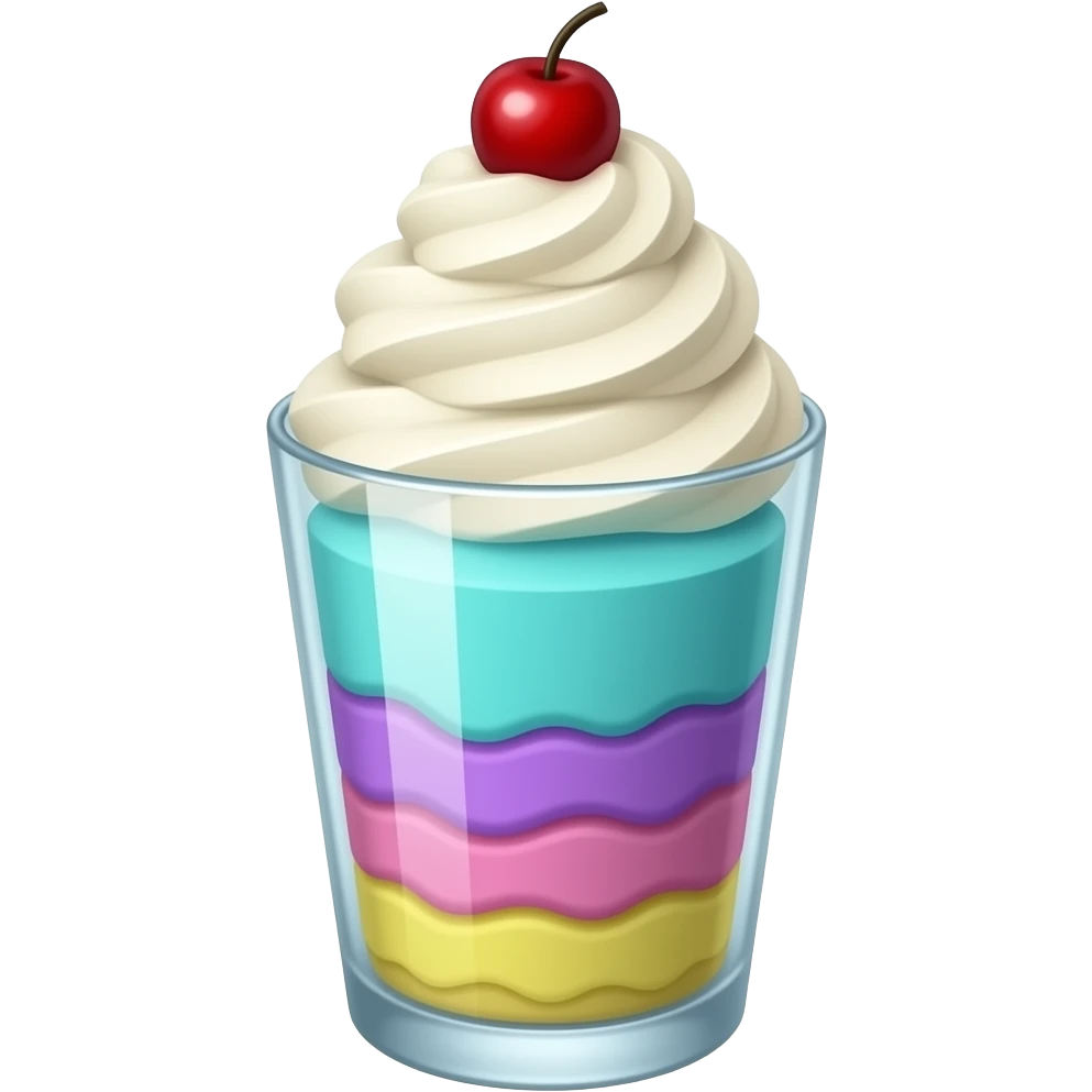 sundae dans un verre transparent, multicolore pastel, turquoise, mauve, rose, jaune, étagé emoji