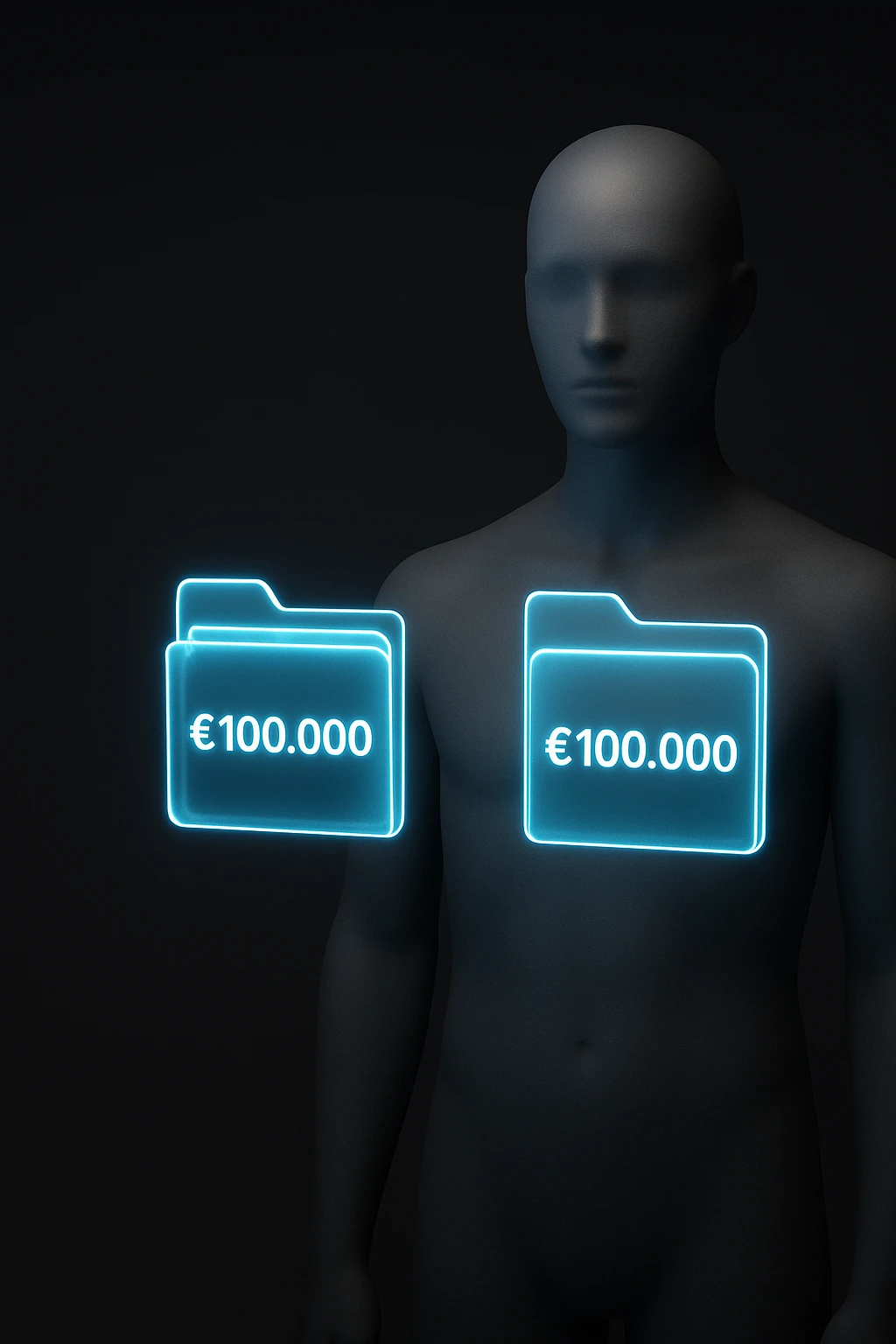 Two glowing transparent digital portfolios (futuristic floating folders) hovering in front of a mannequin. Each labeled with €100,000. Minimal dark background with left side empty for text overlay. emoji