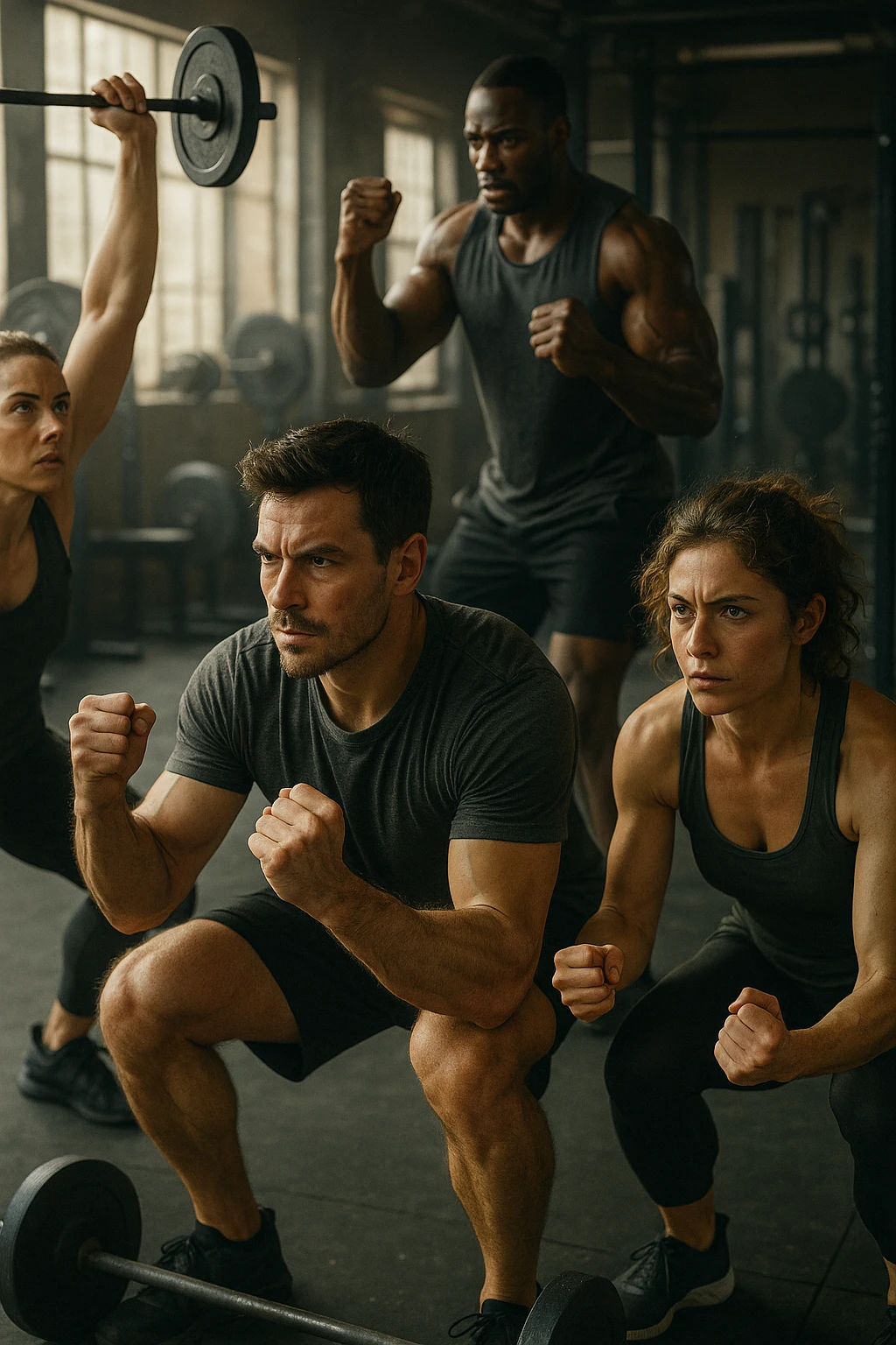 realistic and cinematic style, inspirational atmosphere, expressive details, people imagining training with weights, 2:3 aspect ratio emoji