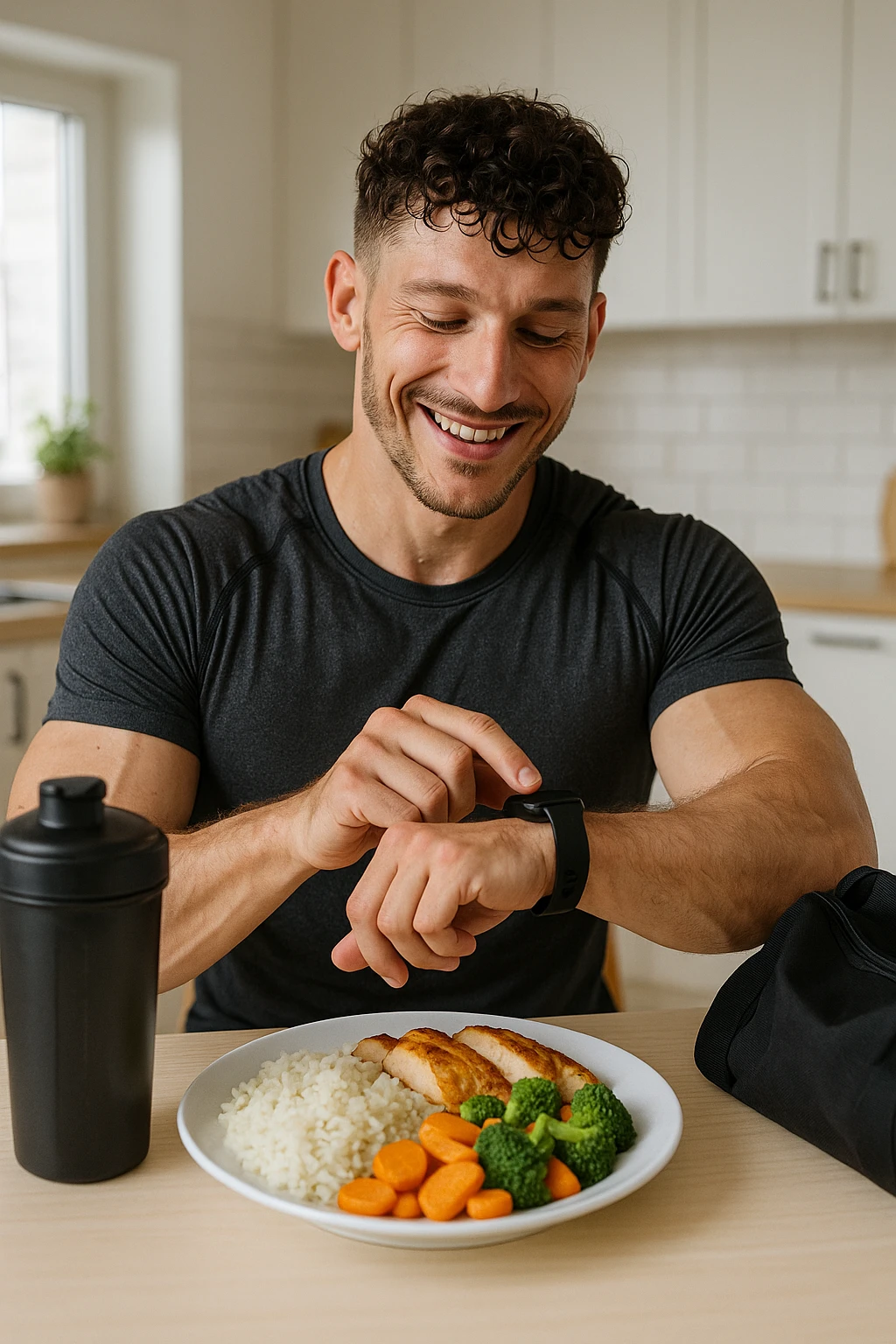 a fit man in his 30s, still in gym clothes and slightly sweaty, sits at a kitchen table right after a workout. In front of him is a balanced meal with a generous portion of rice, pasta, or potatoes, along with lean protein and vegetables. He checks his watch or a fitness app, smiling with satisfaction as he times his post-workout meal. The background is a bright, modern kitchen, with a shaker bottle and gym bag visible. in italiano emoji