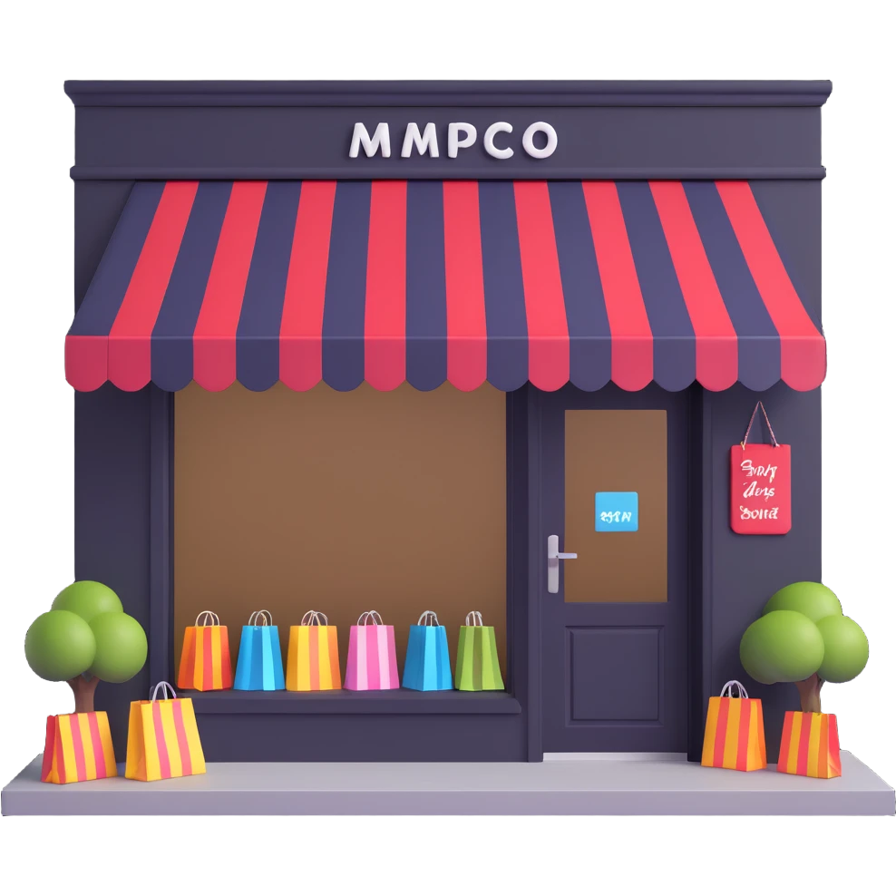 friendly storefront with striped awning and shopping bags at the entrance, pastel colors emoji