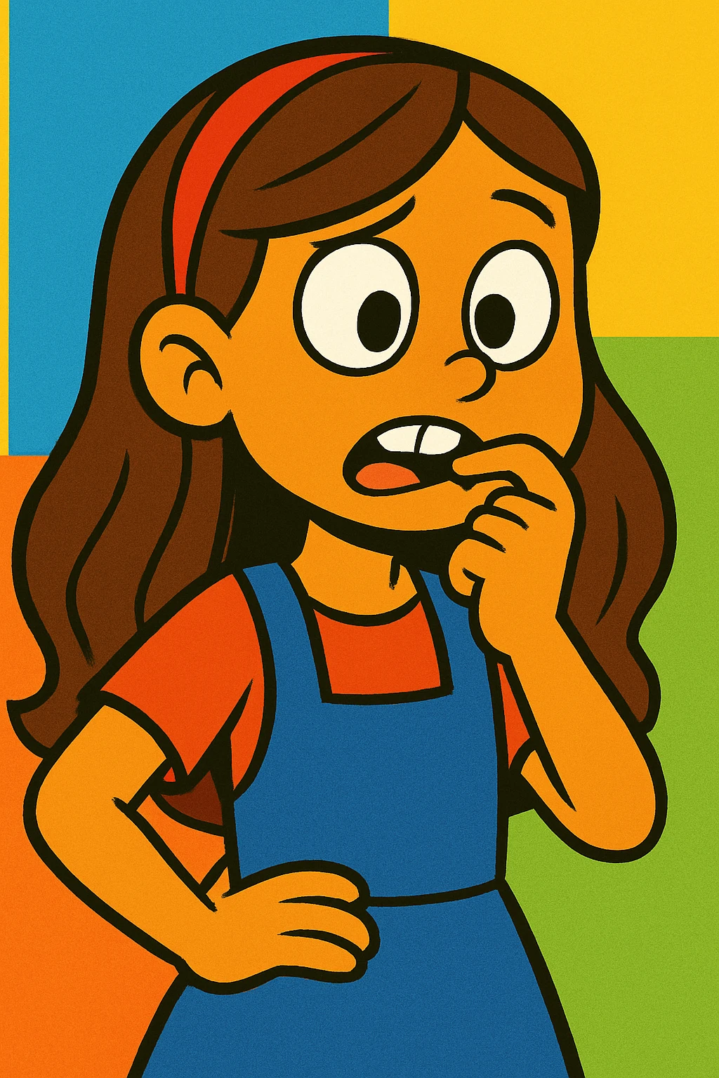 colorful cartoon of a young girl with long brown hair biting her nail emoji