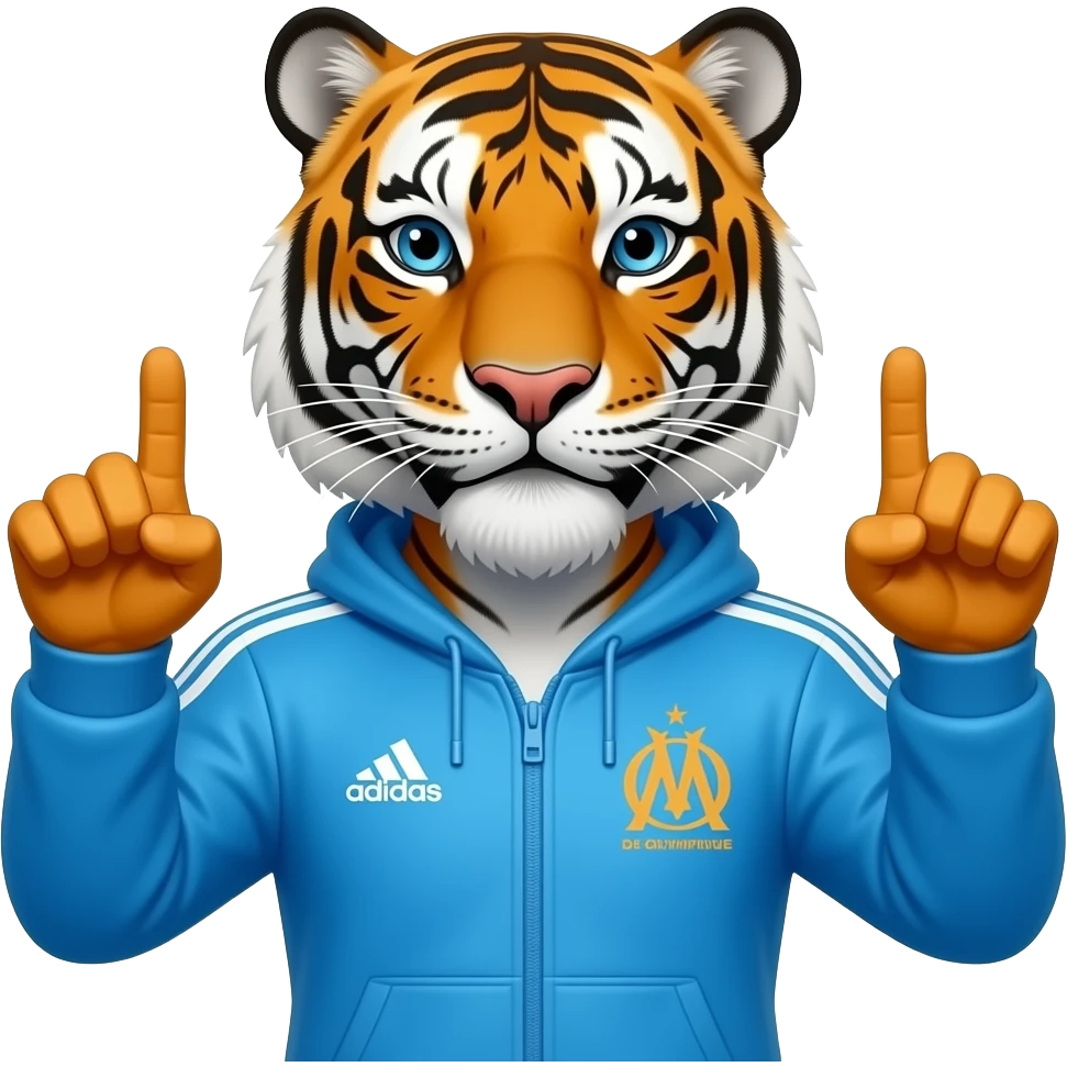 buste tigre en survetement adidas couleur de l'olympique de marseille faisant le signe de JUL des deux mains pouce et index dépliés emoji