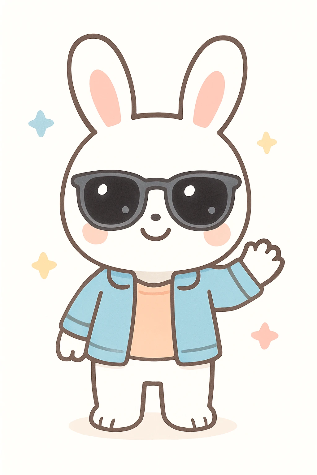 conejo blanco kawaii de pie, con lentes oscuros estilo RayBan, ropa cool como chaqueta y camiseta, sin zapatos, dando la bienvenida con una expresión amigable emoji