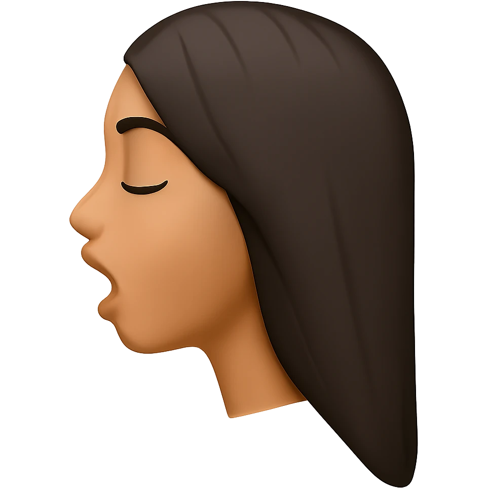 Create a side view (profile) of this woman's head in the normal iPhone emoji style, with closed eyes and an open mouth, smooth shading, no outlines, and long dark hair. This is variant 4. The style should closely resemble the iPhone emoji style with smooth shading and no outlines. emoji