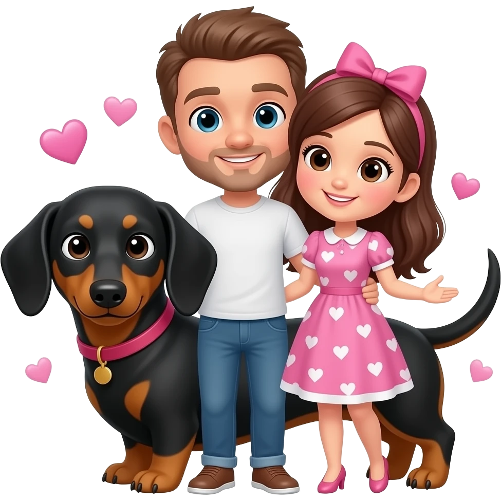 Cute Caucasian couple with pink and white hearts with a black and tan dachshund emoji