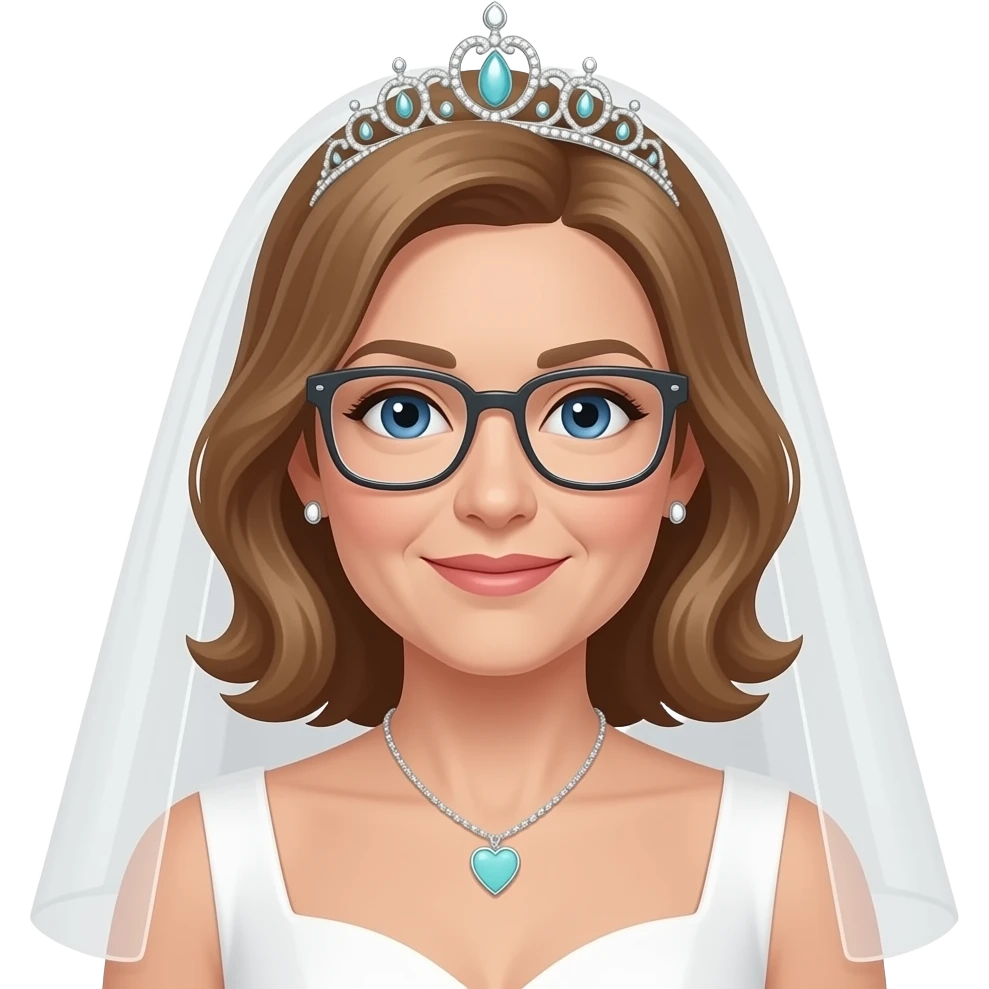 AJM - tiara, wedding dress, woman, blue eyes, mid 40's age, silver small hoop earrings, light brown hair, rectangular glasses, shoulder length wavy hair, small tiffany heart necklace emoji