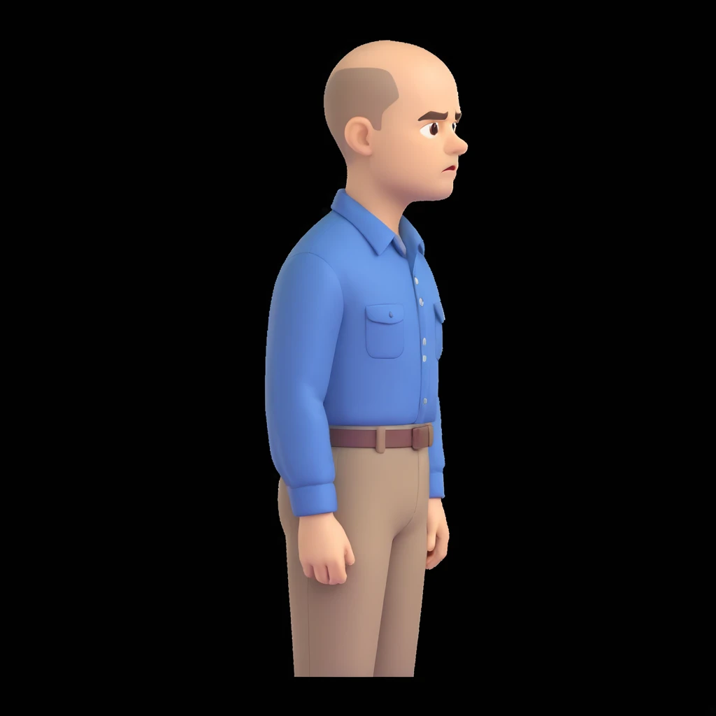 Sling Blade's Carl, serious, chin out, slouched, no glasses, collared shirt, three-quarter face angle, full body, standing, head extended forward, emoji style emoji