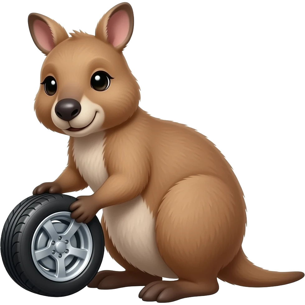A quokka happily changing a wheel on his small black car in spring emoji