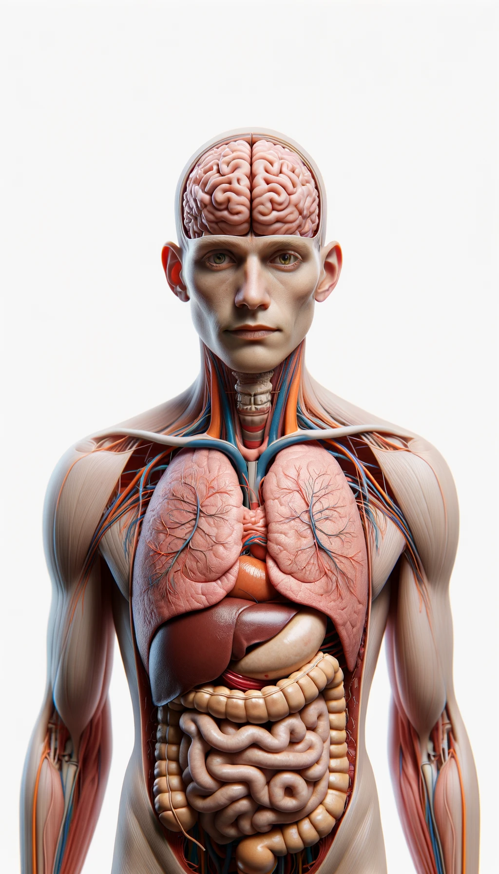 corpo umano anatomico con cervello, intestino e stomaco in evidenza, espressione neutra in volto, posa frontale, iperrealistico 4k, isolato su sfondo bianco emoji