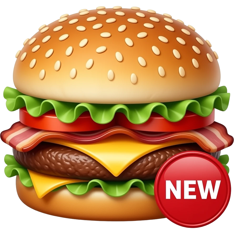 realistic bacon cheeseburger, sesame bun, lettuce tomato beef patty, black background, fast food advertisement, red NEW badge emoji