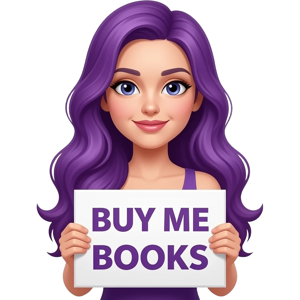 sexy girl with long purple hair holding a BUY ME BOOKS sign emoji