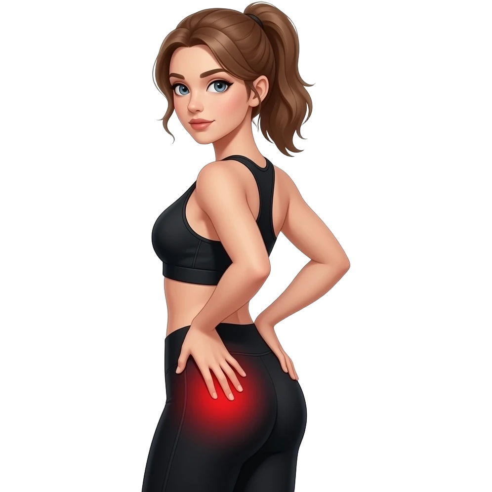 glute pain, red glow on glutes, side pose, woman touching hip and glute area, fair-skinned woman, gray-blue eyes, ash brown brows, ash light brown hair tied back, slim athletic body, black workout set emoji