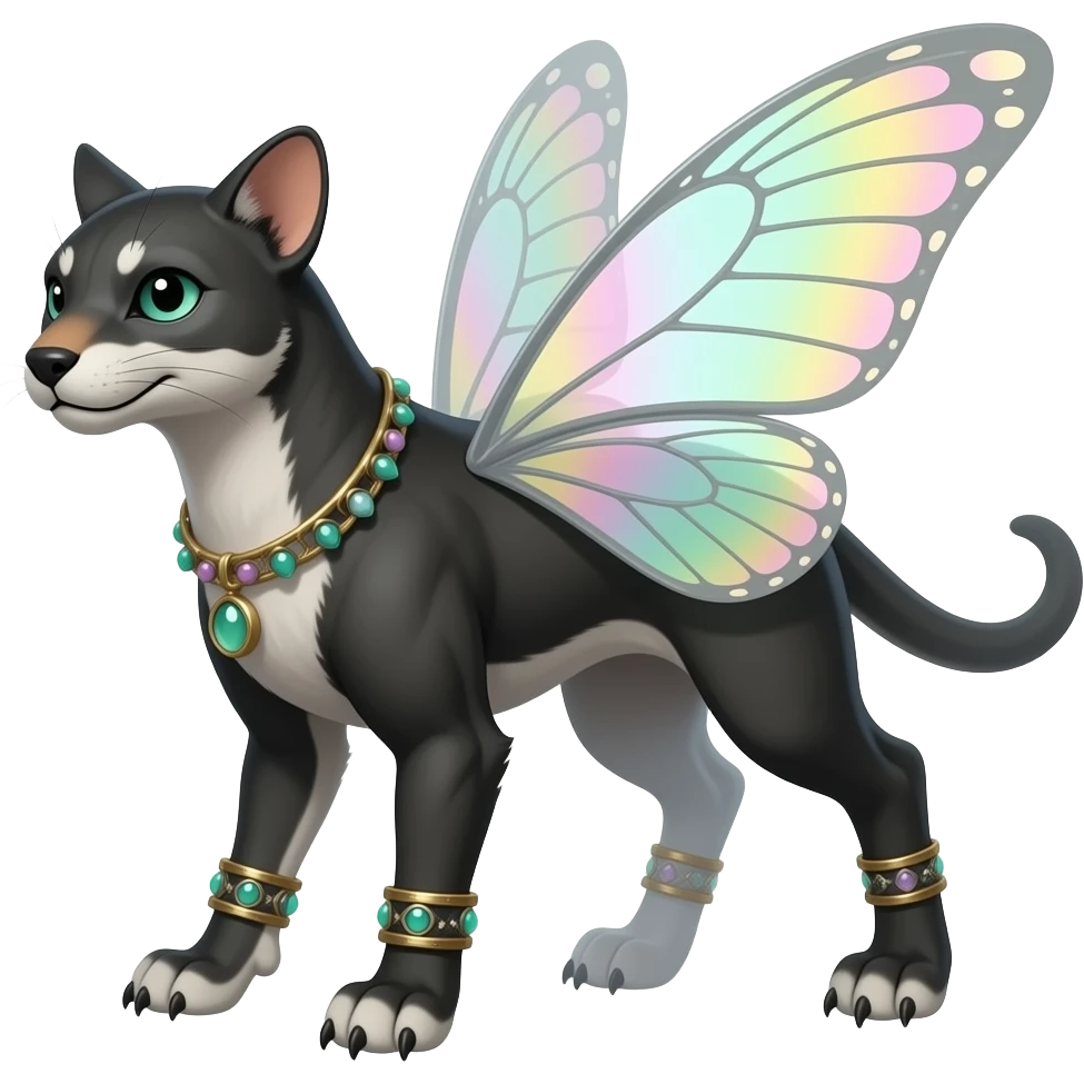Quadrupedal 4-legged complex futuristic detailed dark dusky gloomy pastel pink-pastel-green-pastel-yellow-white-gradient-iridescent, realistic Fakémon-Sprigatito-Floragato-Meowscarada-Trico-Sergal-Serval-Vernid-creature (full body) with bracelets and anklets and butterfly-wings emoji