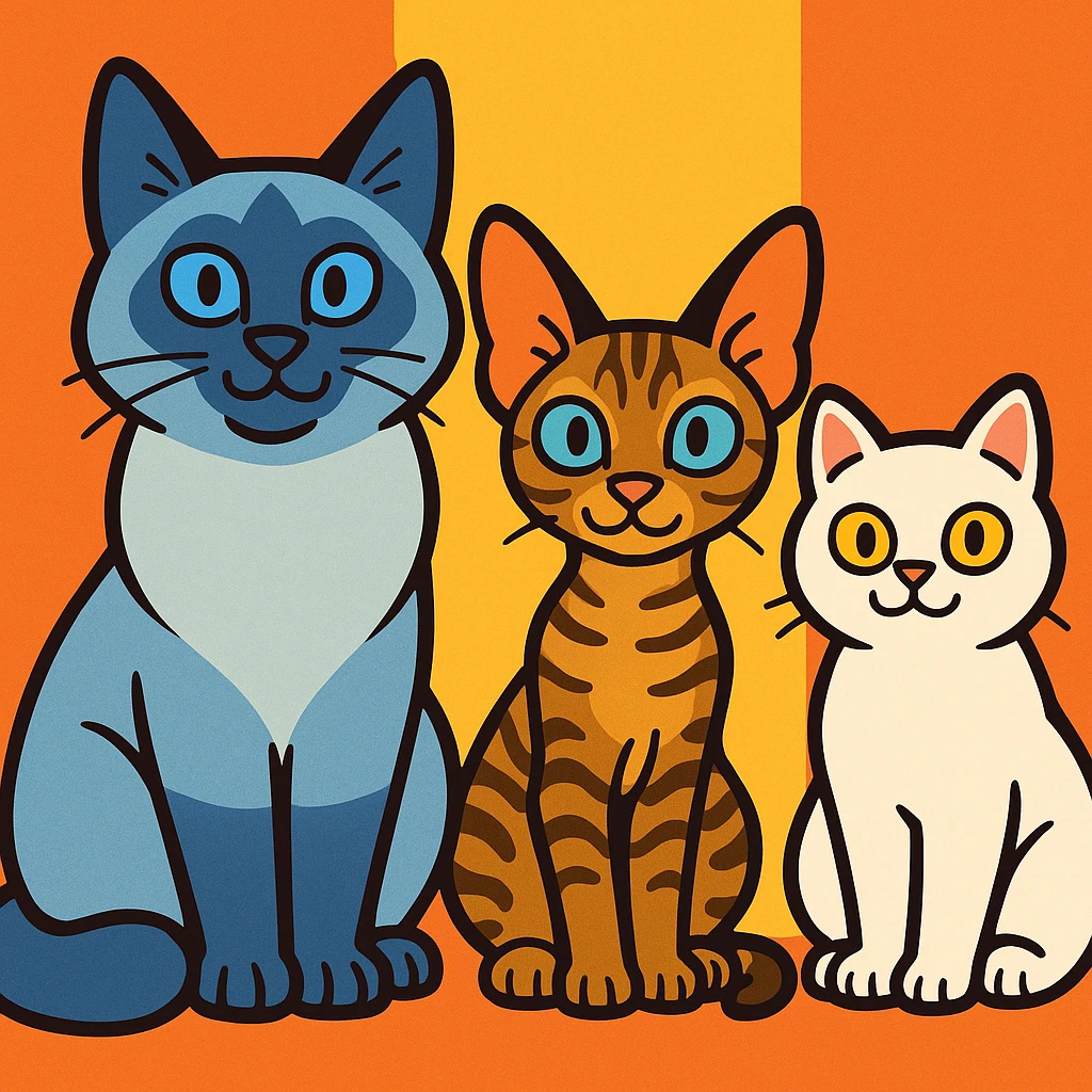 three cartoon cats side by side: left is a large blue point Birman male with blue eyes, center is a petite brown tabby Devon Rex female with pale blue eyes, right is a small white British Shorthair female with yellow eyes, in a playful cartoon style emoji