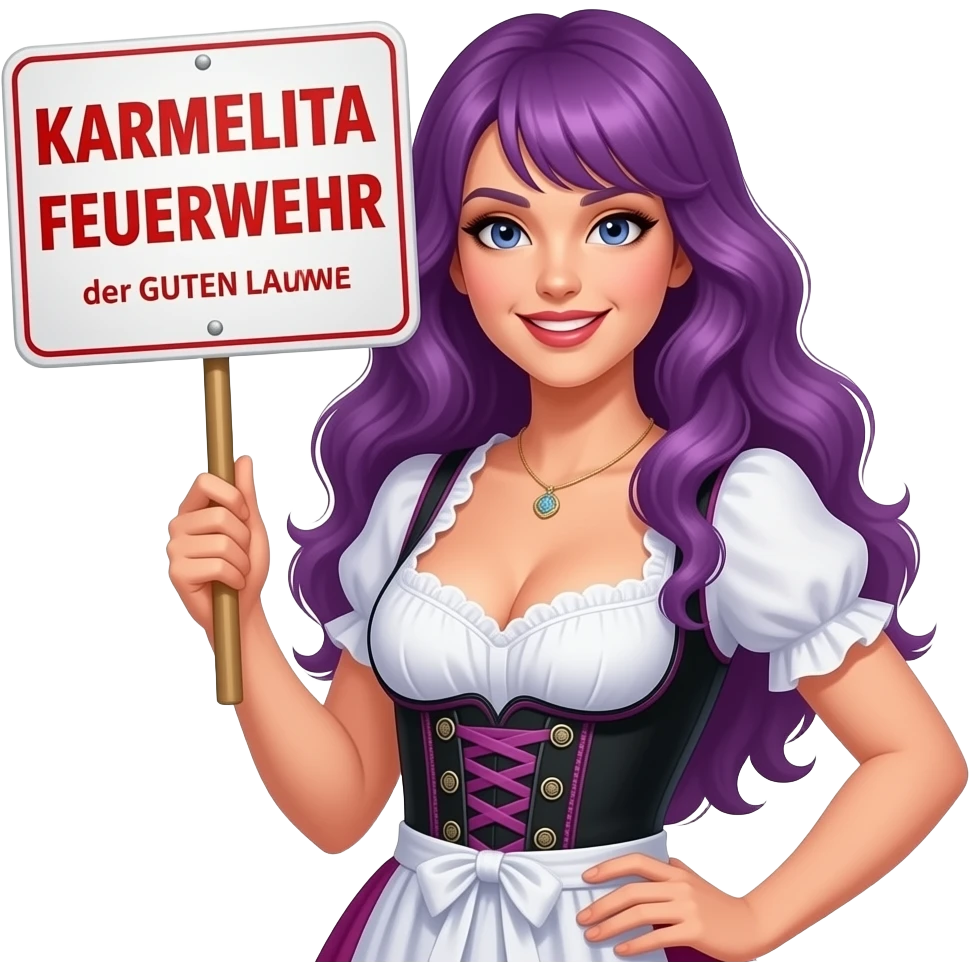 sexy girl with long purple hair wearing a dirndl holding a KARMELITA FEUERWEHR der GUTEN LAUNE sign emoji