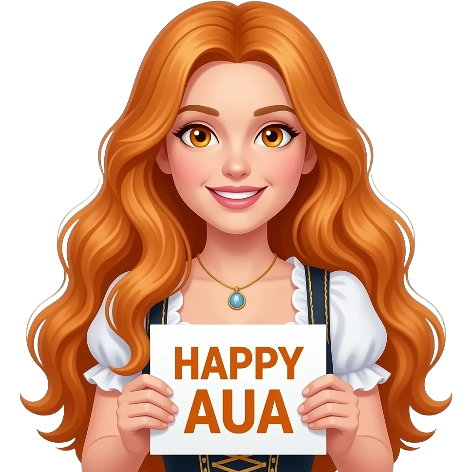 sexy girl with overlong ginger hair and ginger eyes wearing a dirndl holding HAPPY AUA sign emoji
