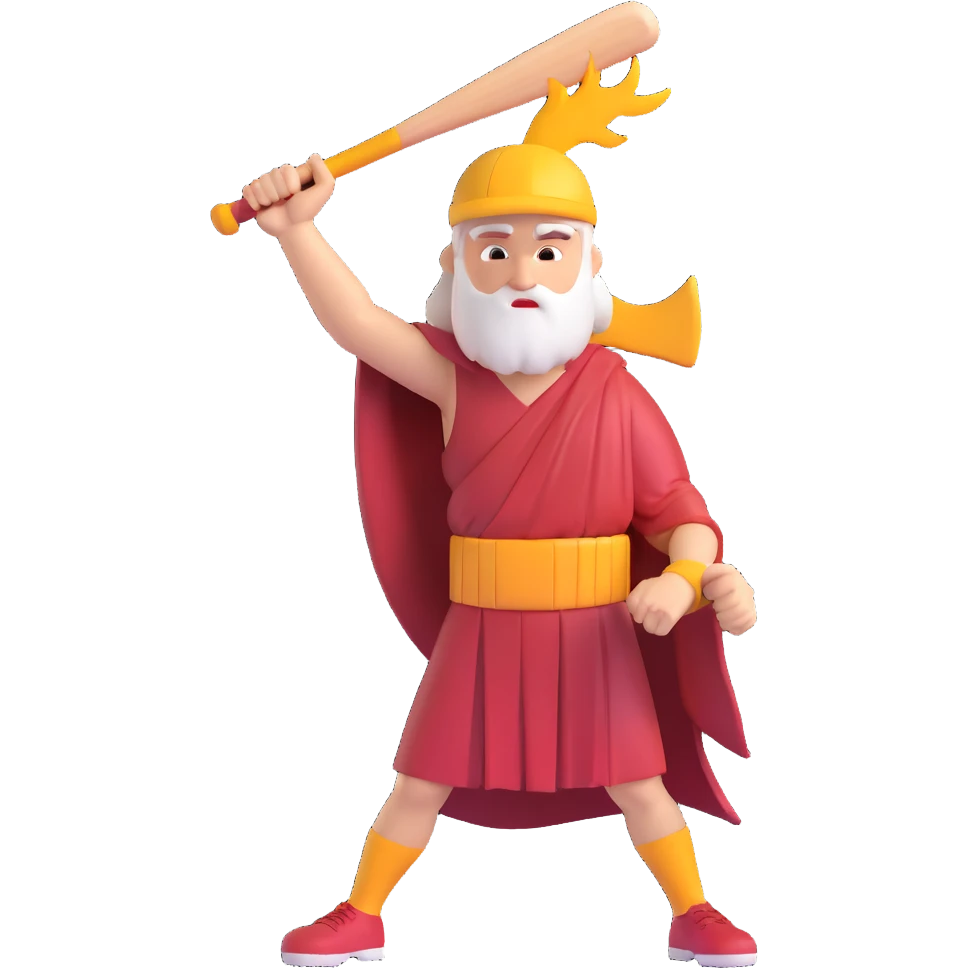 a supernatural baseball god, bat raised to the sky, lightning striking, wearing a toga and jersey emoji