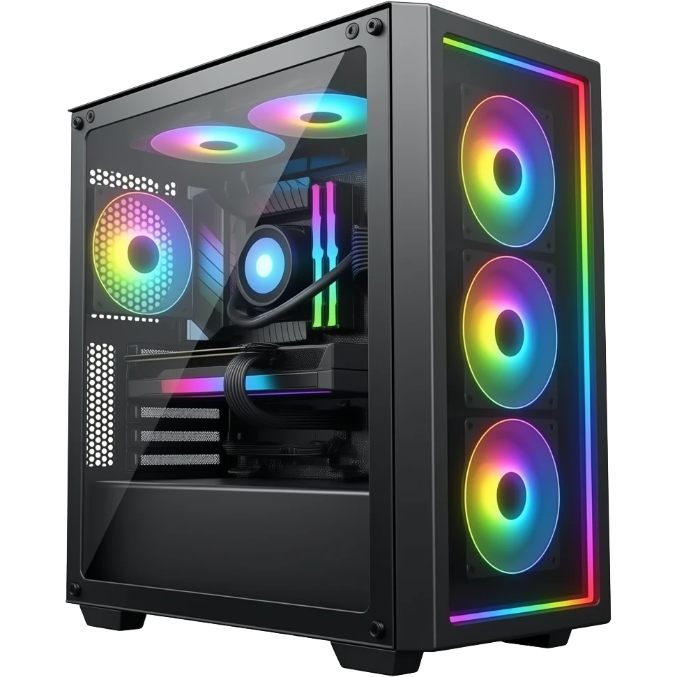 generate an image of a cool gaming PC with RGB lights and a black glass casing emoji
