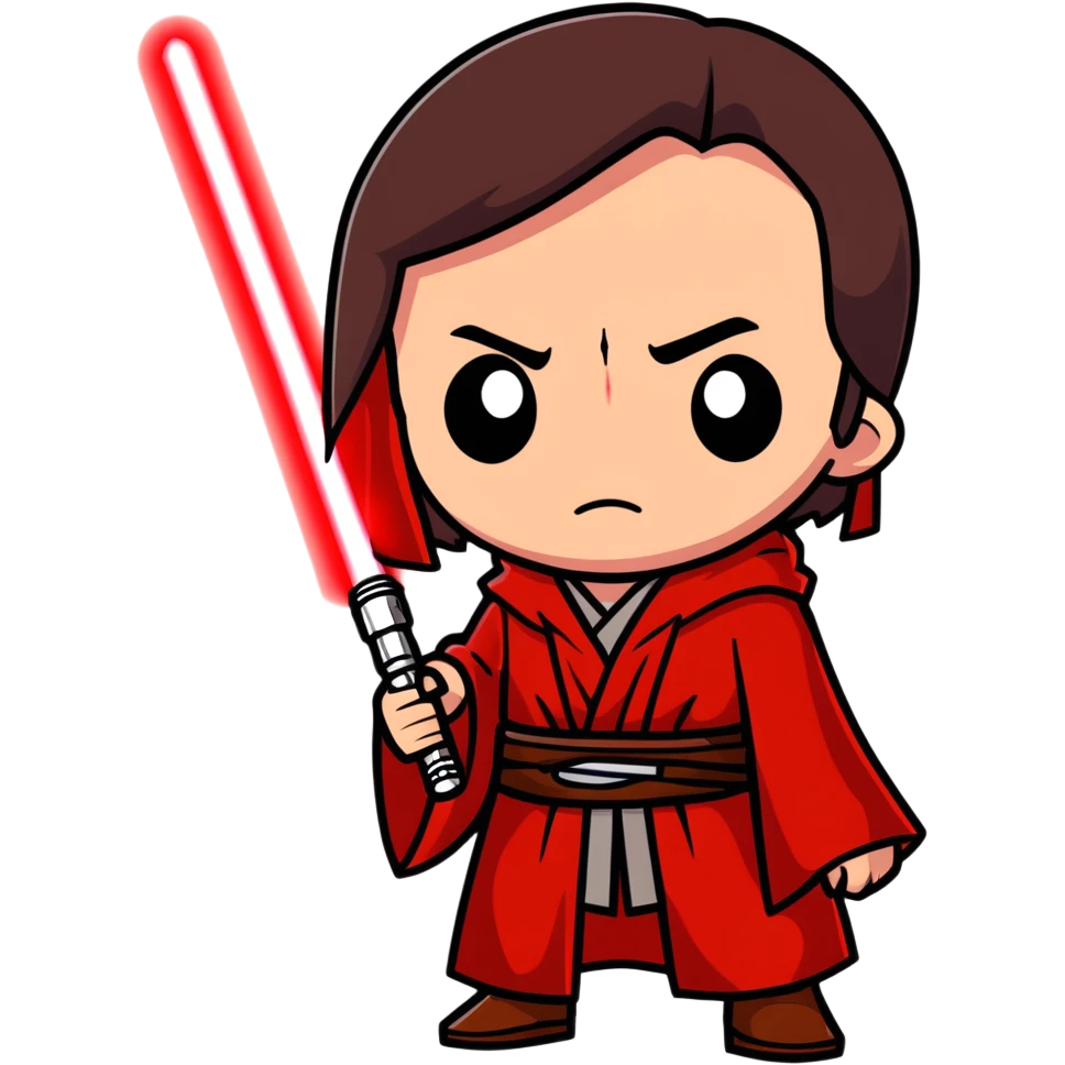 Person holding a red lightsaber with dim lighting with a dark brown robe with a scar over one eye and a broken nose  emoji