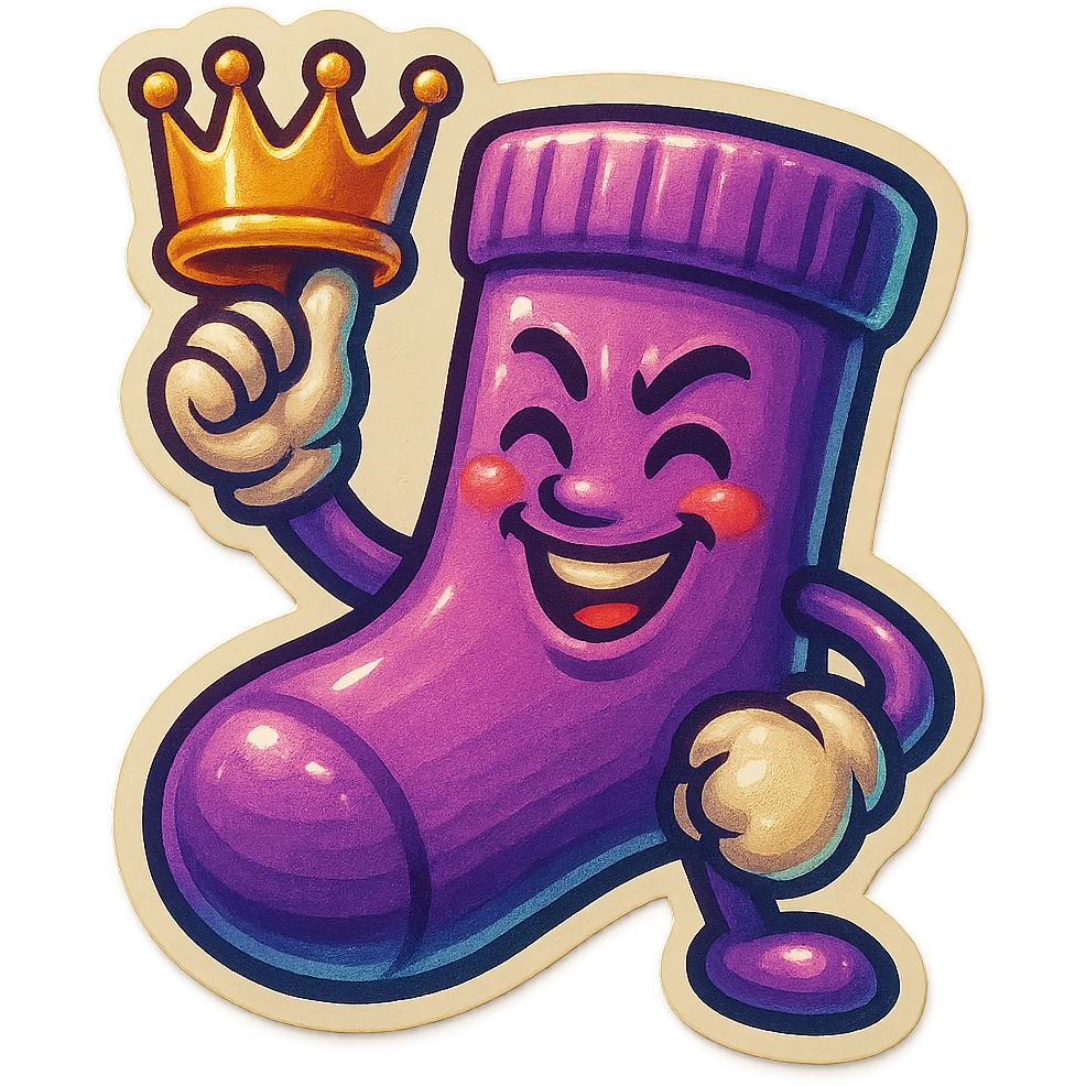 A purple sock with a victorious face, holding a crown, representing victory or achievement. emoji