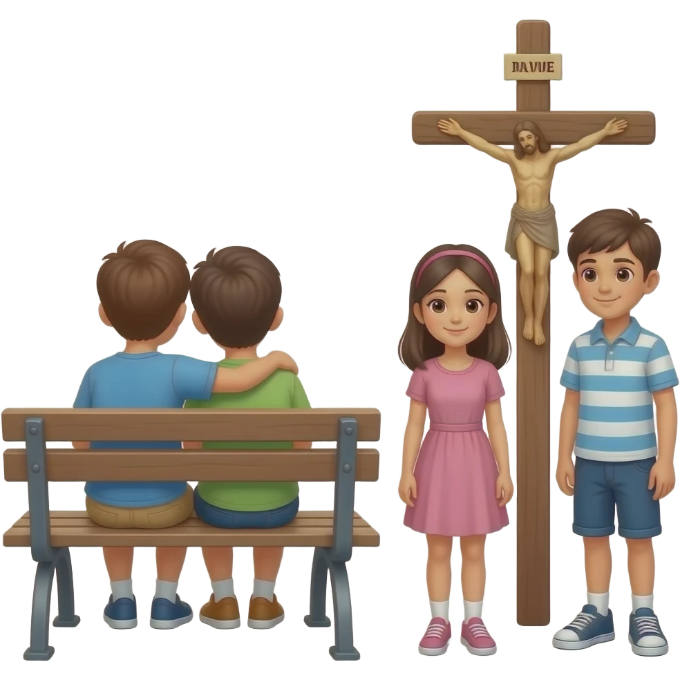 AZ a dos chicos sentados en un banco mirando para atrás q se les vea la espalda abrazados y delante suyo hay la cruz de Caravaca de la cruz una chica y un chico emoji