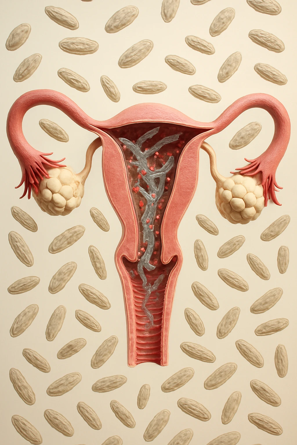 utero umano realistico con batteri della candida intorno, la foto si deve vedere per intero in formato verticale, sullo sfondo neutro chiaro ci sono batteri della candida, iperrealistico 4k emoji