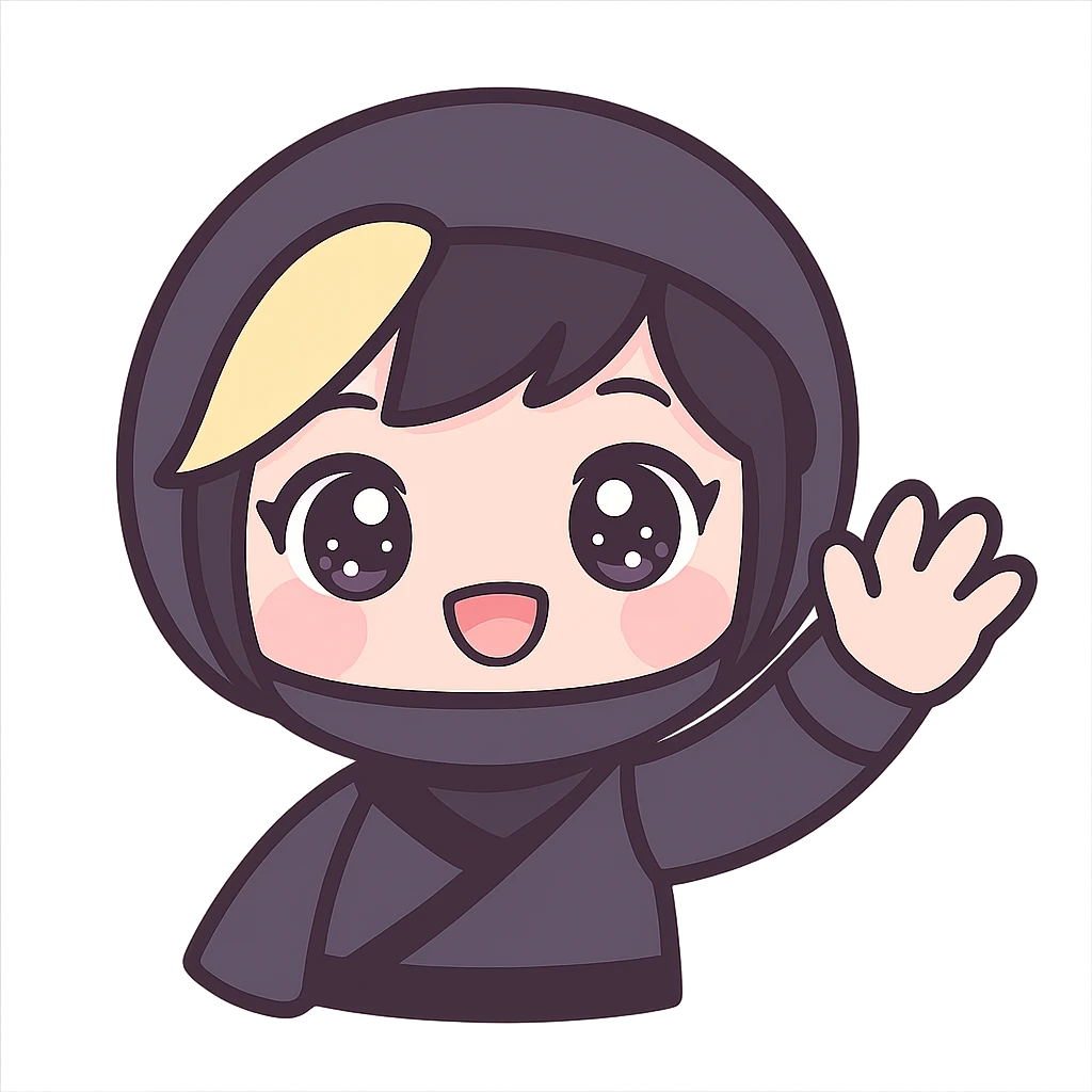 Make the art style more anime: kawaii chibi ninja girl with black short hair and a blonde streak, only head and arms, big sparkling anime eyes, rounder face, small mouth, soft shading, pastel colors, clean outlines, transparent background, no mask, hand fully raised, waving, smiling, sized for Twitch emoji use. emoji