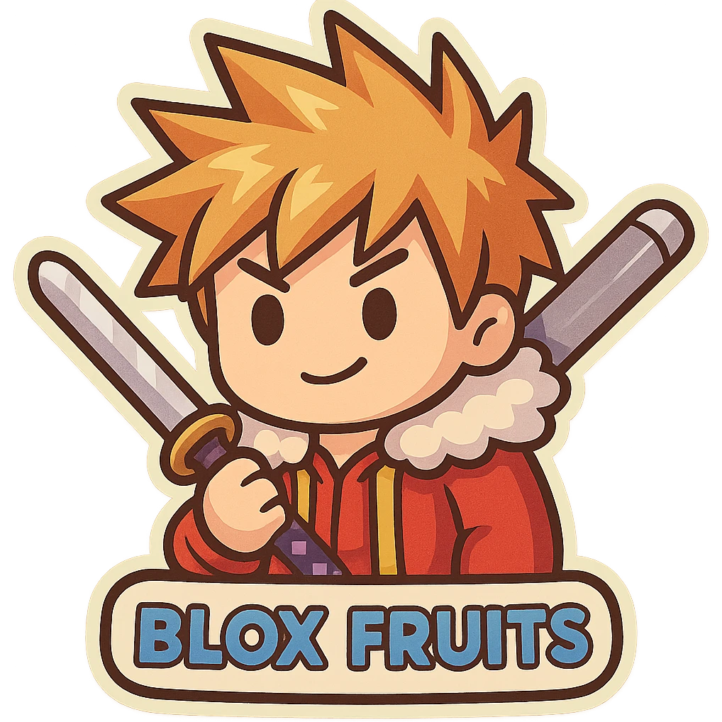 Roblox Blox Fruit character with spiky hair and sword, chibi sticker style emoji