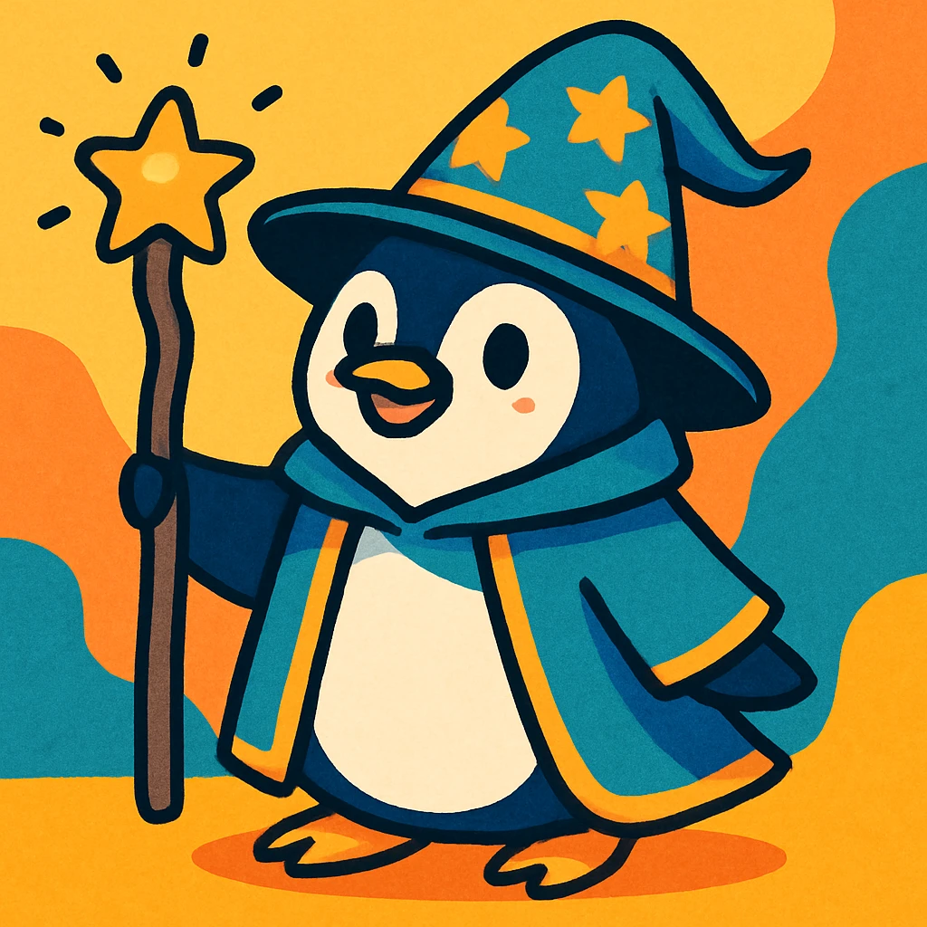 a penguin dressed as a wizard, with a pointy hat and a magic staff, in a fun and whimsical style, vibrant toon style, colorful and playful emoji
