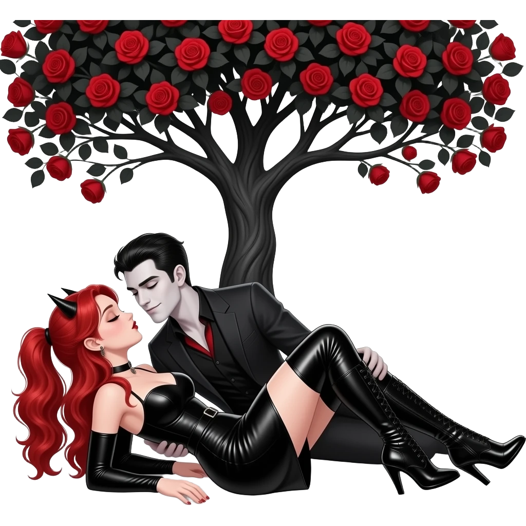Vampiro femmina adolescente con pelle bianca e capelli rosso ondulati lunghi raccolti in una mezza coda che indossa un vestito stretto in vita con maniche lunghe nero e stivali lunghi con tacco neri che sta baciando sdraiata il suo ragazzo VAMPIRO sotto un albero nero con rose rosse emoji