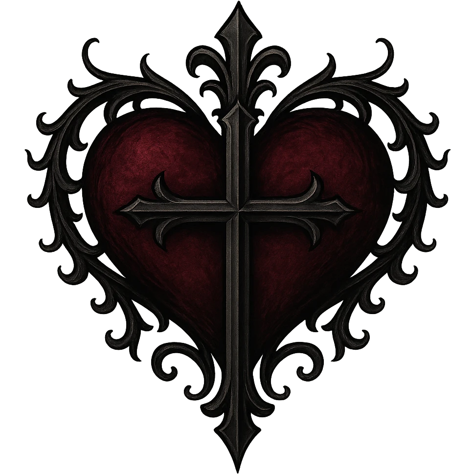 gothic style heart with a cross, black and deep red colors, gothic aesthetic, transparent background emoji