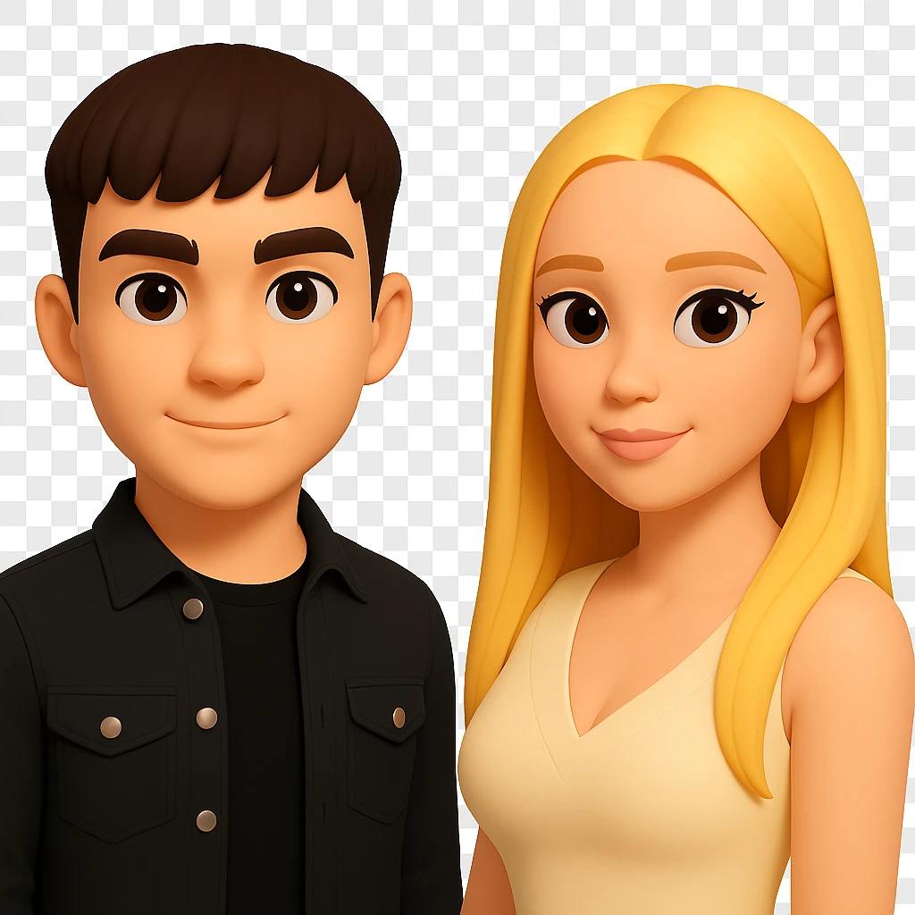 Slightly increase the volume of the upper body of the girl, separate the girl and the boy from each other, make the skin color the same for both characters. Maintain the cartoonish 3D style as in the reference image. Keep the background transparent. emoji