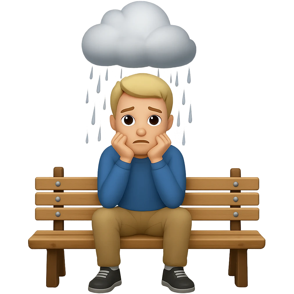 Add a rain cloud above the man. Keep the background transparent. The style should maintain the original look of the image. emoji