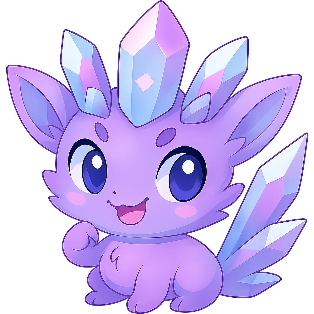Edit the chibi kawaii crystal sprite creature to have its entire tail made of crystal, maintaining the pastel purple, blue, and pink colors. Keep the mischievous and adorable expression. Remove the background. The style is chibi kawaii crystal sprite with pastel colors. emoji