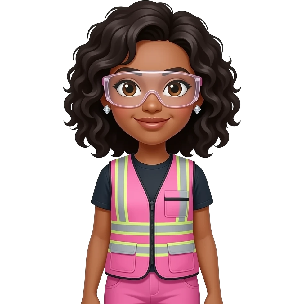 light skin women with brown eyes withwith shoulder length curly black hair wearing diamond earrings wearing pink and clear safety glasses wearing a pink construction vest wearing pink pants emoji