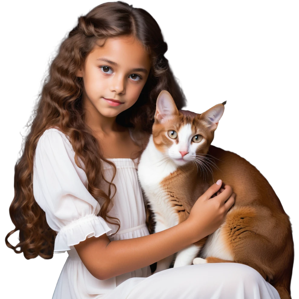 beautiful girl with curly long brown hair in a white dress cuddling an Abyssinian cat with reddish-brown fur emoji