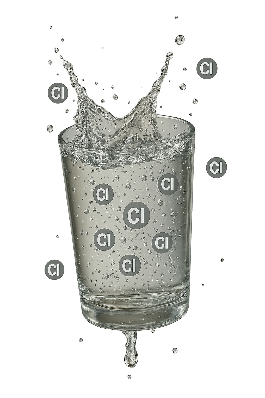 un bicchiere di acqua cade verticalmente dall'alto realistico e dettagliato, dentro l'acqua del bicchiere ci sono particelle di cloro ben visibili con la scritta "Cl" sopra, ci sono particelle anche che escono dal bicchiere e fluttuano in aria verticalmente, mentre alcune sono all'interno dell'acqua nel bicchiere, iperrealistico 4k emoji