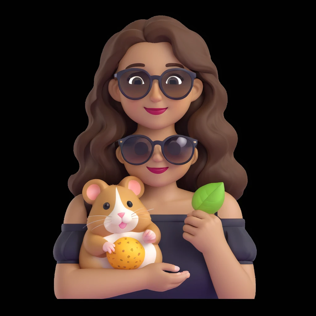 charming modern emoji of a young woman with medium skin tone, long wavy dark brown hair, black off-shoulder top, warm friendly smile, cute hamster with round sunglasses and seed perched on her shoulder, subtle neutral gradient background, radiating joy and warmth emoji
