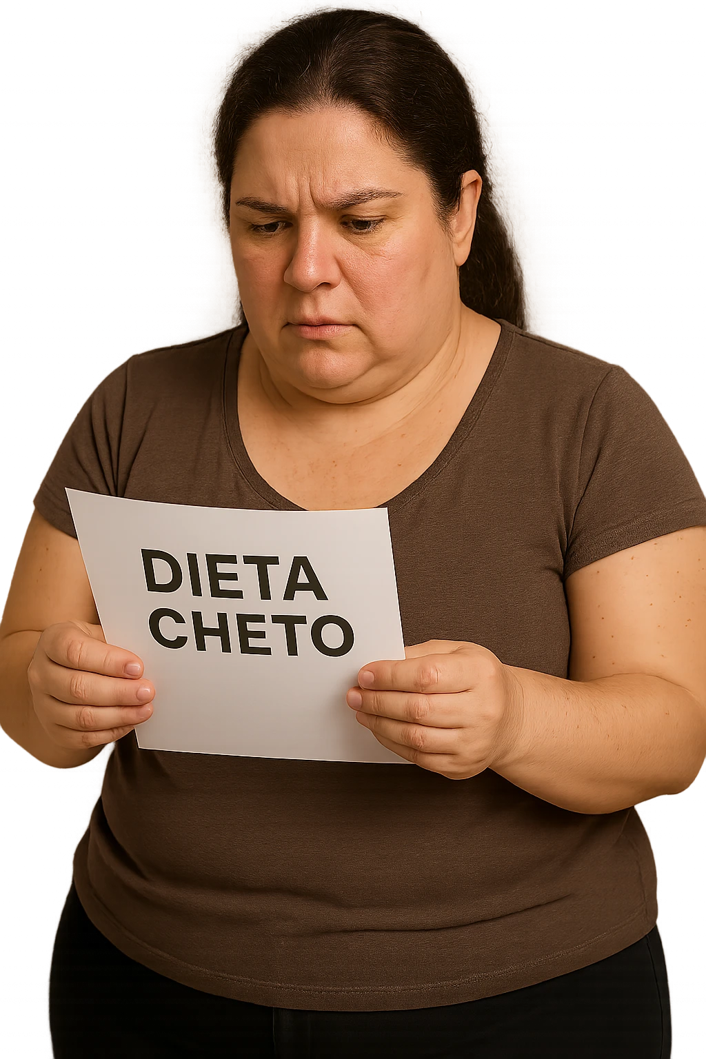 donna realistica leggermente in sovrappeso che legge un foglio con la scritta "dieta Cheto", sfondo bianco, iperrealistica 4k, IPERREALISTICA 4K emoji