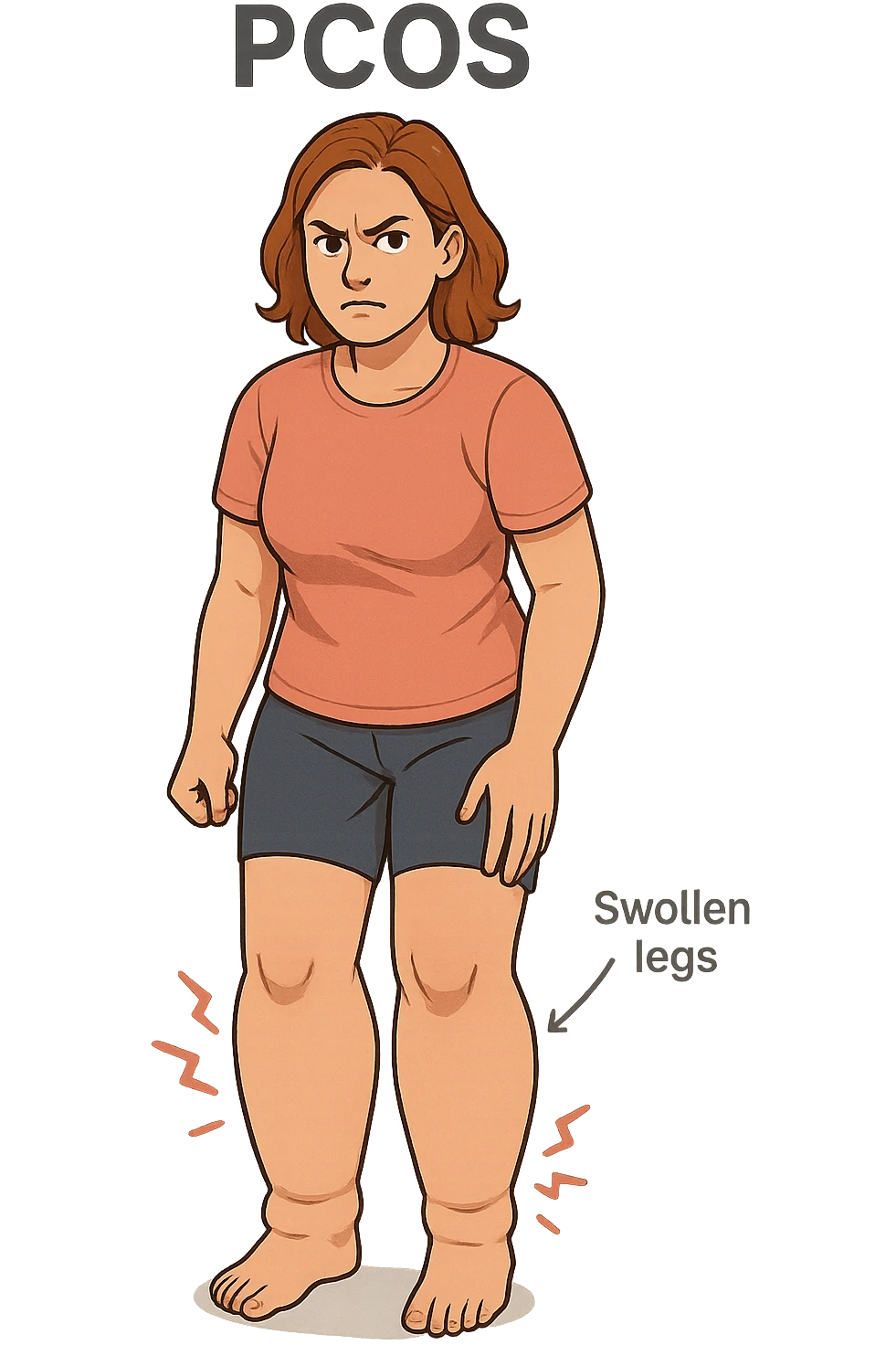 vertical format medical educational illustration of a woman with PCOS with a determined expression, showing struggle with swollen legs, no background emoji