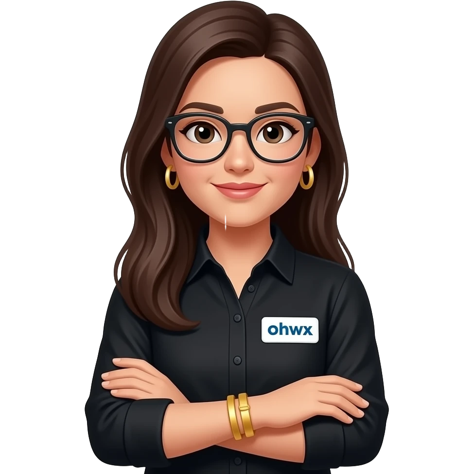 middle parted hair, long dark brown straight hair, glasses, marketing, recruiting, gold bracelets and gold earrings, in black long sleeve emoji