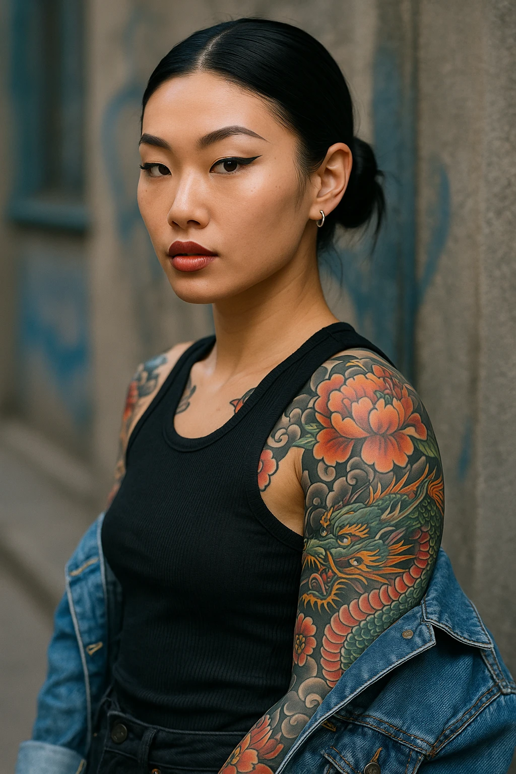 tattooed asian woman with floral and dragon tattoos, cool attitude emoji