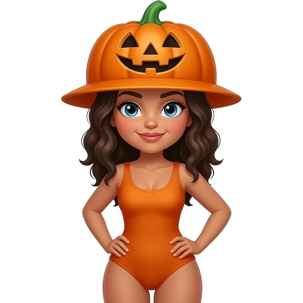 latina woman in one piece wearing a pumpkin hat emoji