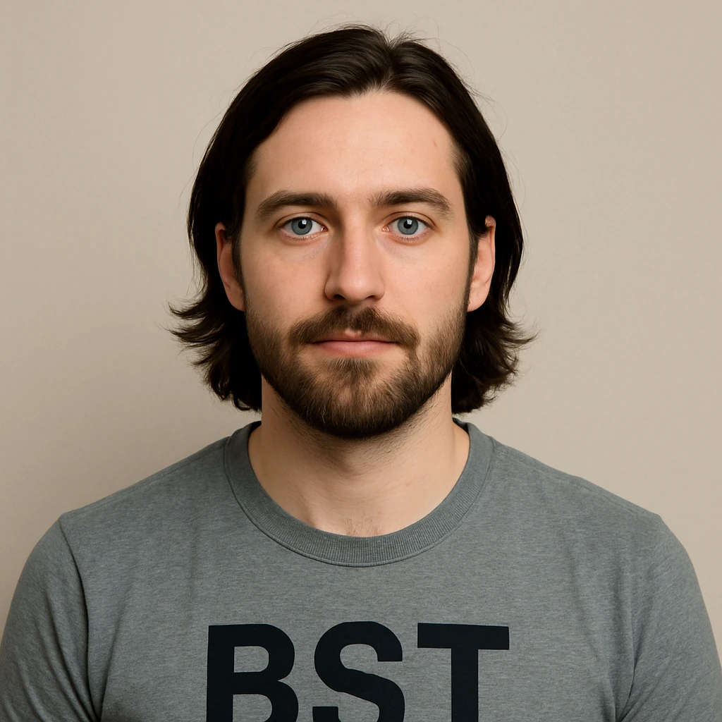 30-year-old Caucasian male avatar, white skin, dark longish hair, blue eyes, upper torso only, shirt has 'BST' written on it emoji