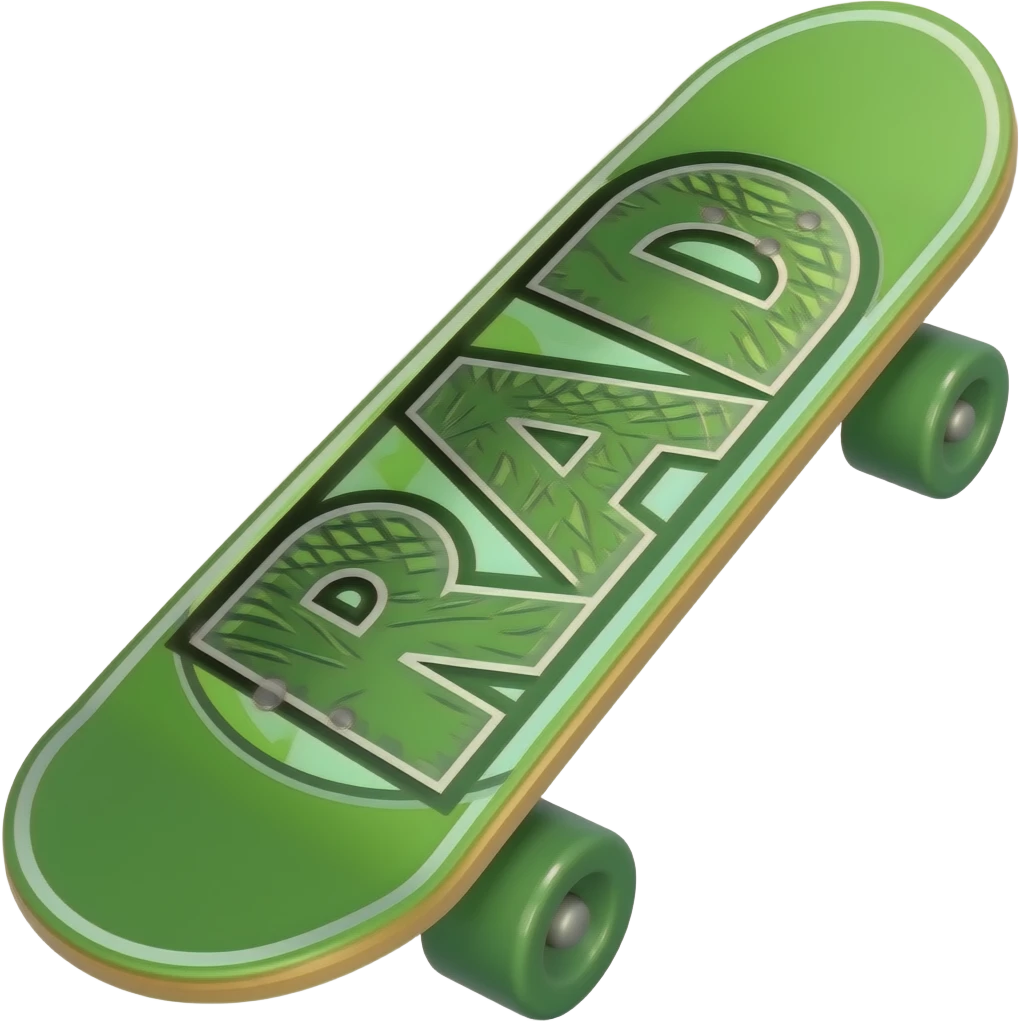 green skateboard with stylised RAD in capitals letters on the back with it emoji