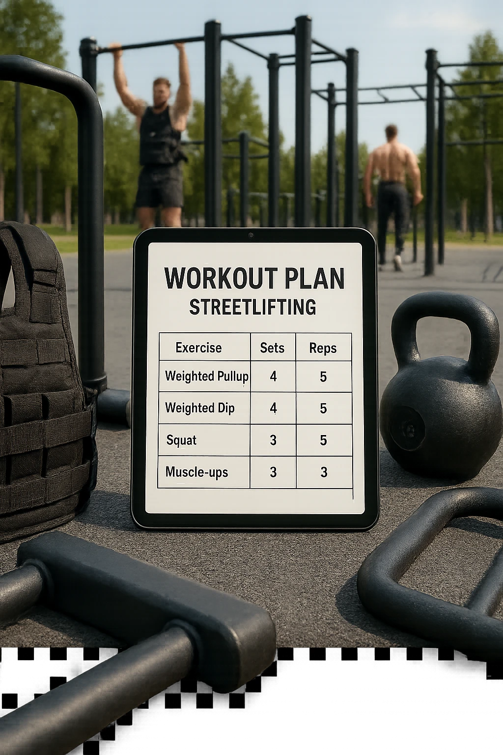 a detailed workout plan for streetlifting displayed on a clipboard or digital tablet, surrounded by gym equipment like weighted vests, dip bars, pull-up bars, and kettlebells. The plan includes exercises such as weighted pull-ups, weighted dips, squats, and muscle-ups, with sets and reps clearly visible. The background is a modern outdoor calisthenics park, with athletes training in the distance. emoji
