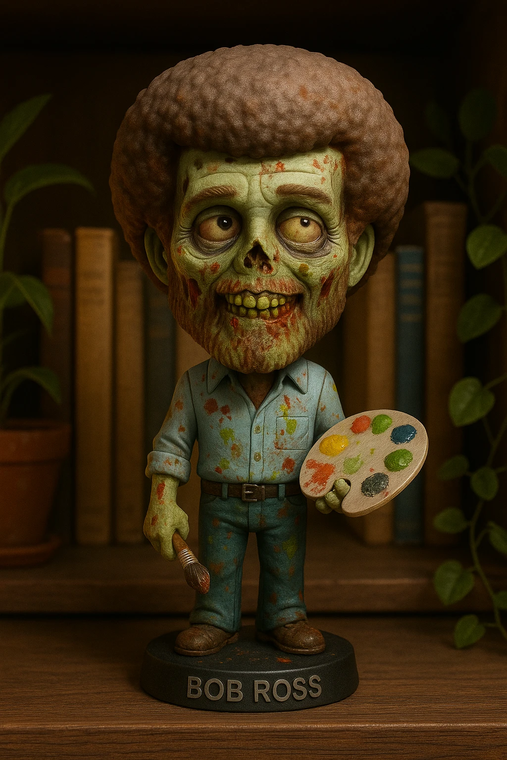 Bob Ross as a zombie, with paint splatters and a slightly decayed look, still calm and positive, in a whimsical style emoji