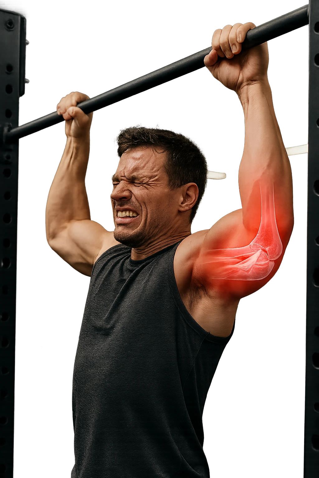 a man in gym attire is performing a pull-up on a bar when his face suddenly contorts in pain. His elbow is highlighted with a bright red glow, and a semi-transparent overlay reveals a visible tear or injury in the joint structures (such as ligaments or tendons). The background is a modern gym, with anatomical posters and equipment. emoji