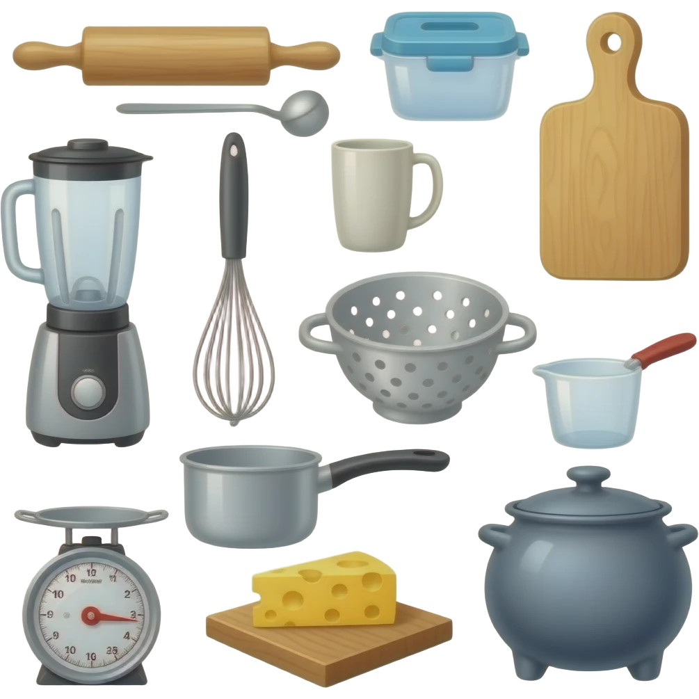 ROULEAU A PATISSERIE, LOUCHE, tupperware, tasse, planche à découper, blender, mixeur plongeant, passoire, verre doseur, casserole, balance de cuisine, râpe a fromage, plat à gratin, couvercle, marmite emoji